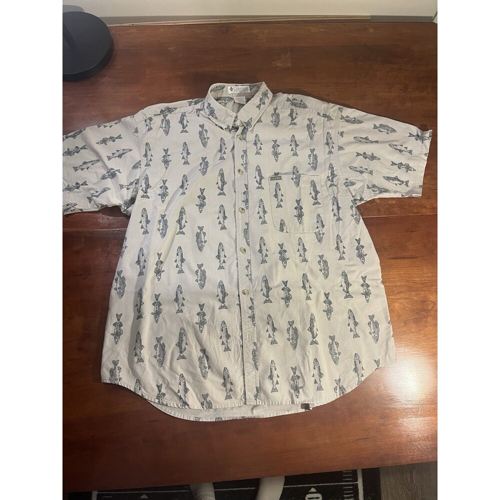 VTG Columbia Men's Short Sleeve Button Down Shirt Beige Blue Fish Size XL